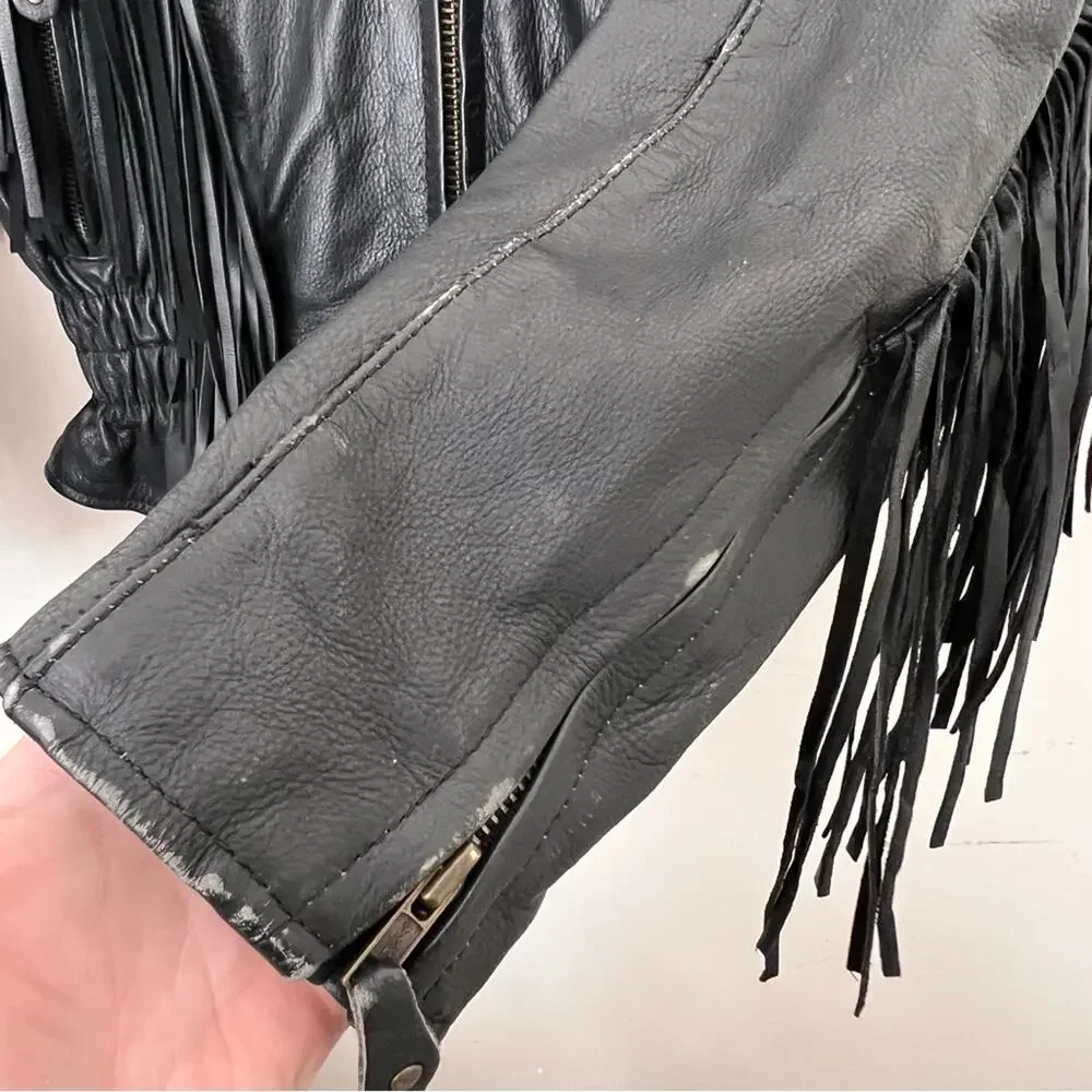 Unik Vintage Biker 80’s Fringe Leather Jacket Black Size M removable liner - Picture 6 of 13